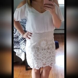 Francesca's Collections White Lace Floral Cold Shoulder Mini Dress